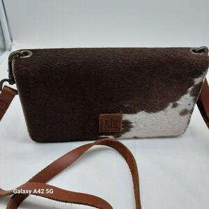 STS Ranchwear Cowhide Leather Crossbody Wallet Bag Brown White Hair On Hide